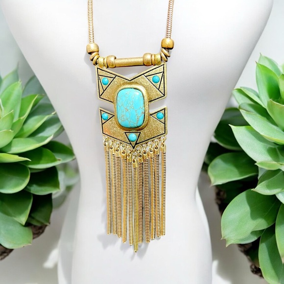 Gold Turquoise Fringe Necklace & Earring Set - Picture 3 of 16